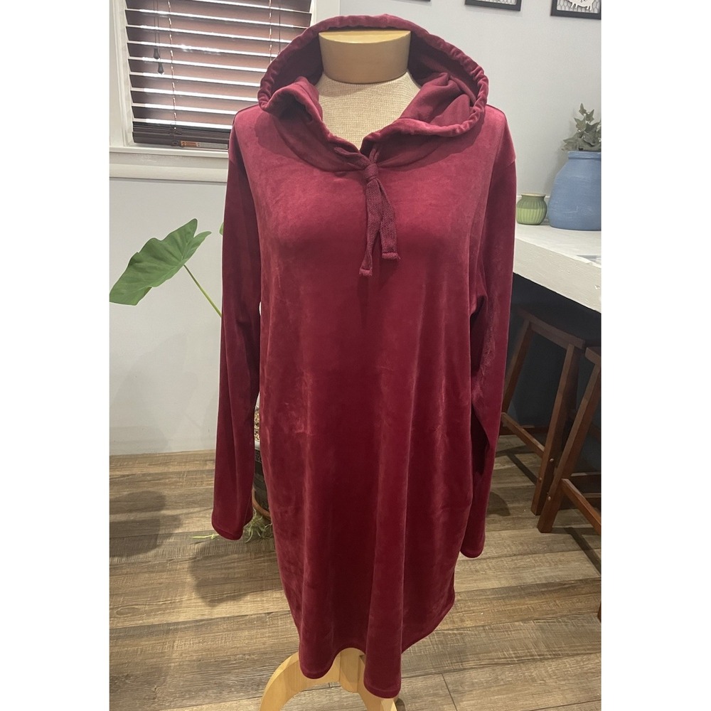 Velour Hooded Nightgown Women's L Burgundy Red Soft Stretch Luxury Lounge Alan
